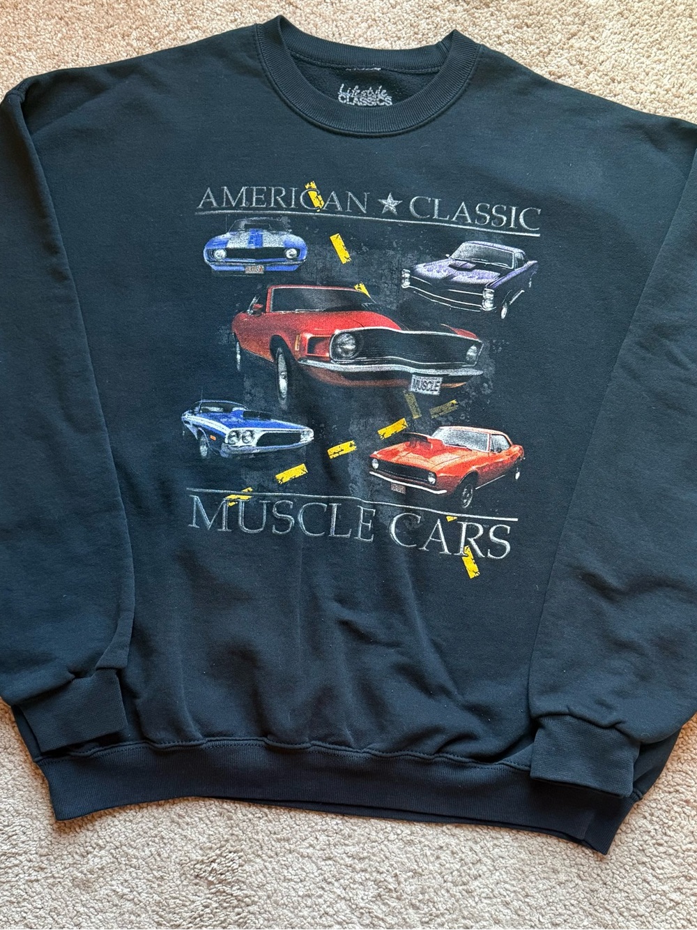 Crewneck Sweatshirt - American Classic Muscle Cars Graphic - Black